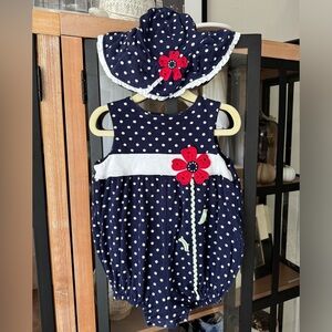 Hartstrings polka dots appliqué bubble romper hat set navy baby girl toddler VTG